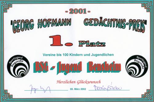 Urkunde des Georg-Hofmann-Gedächtnis-Preis 2001