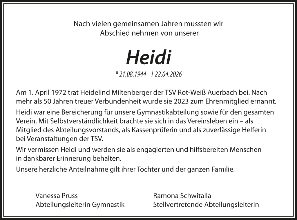 Nachruf Wir trauern um unsere Heidi - Heidelind Miltenberger